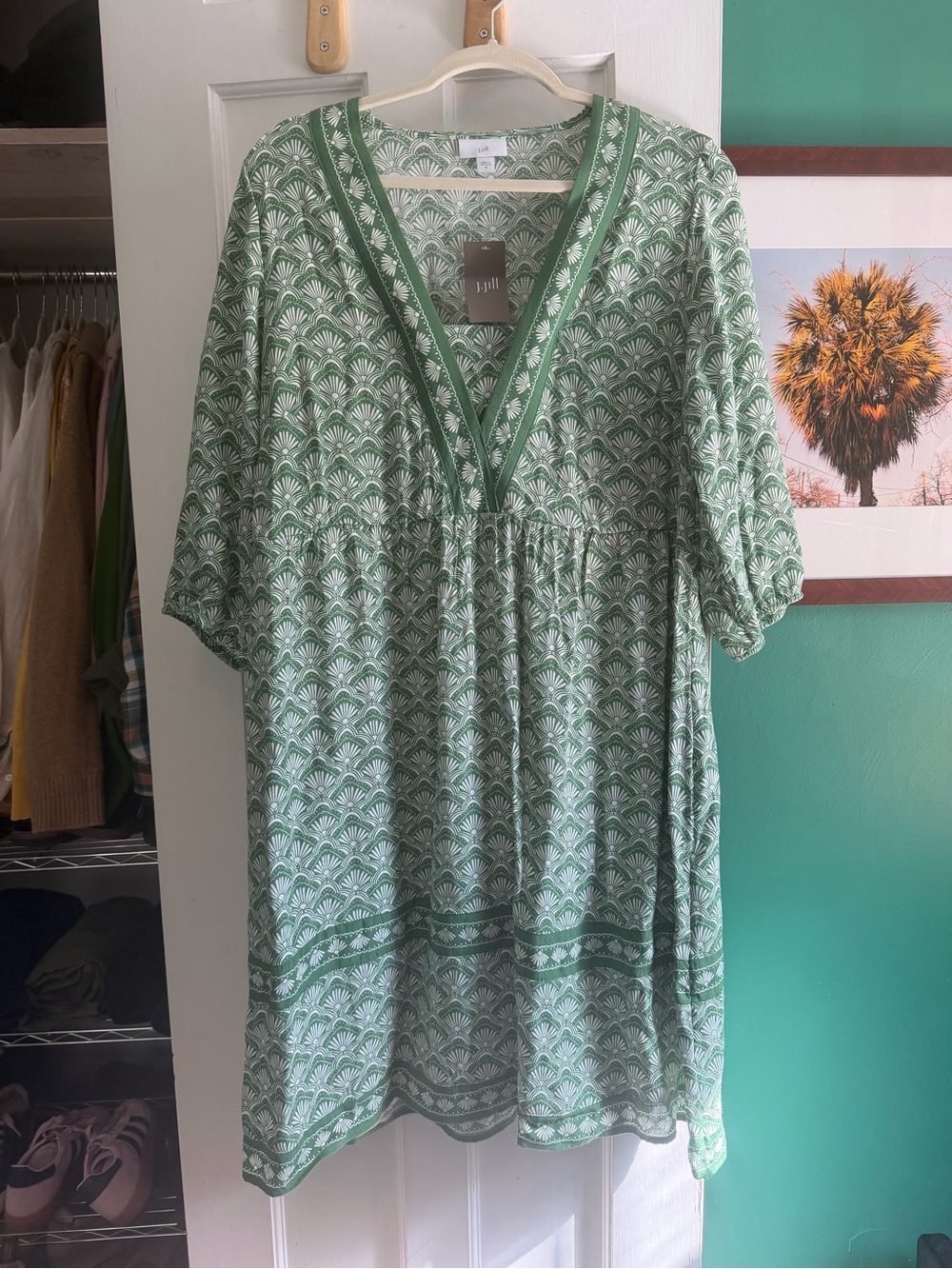 J. Jill Green Printed V-Neck Midi Dress